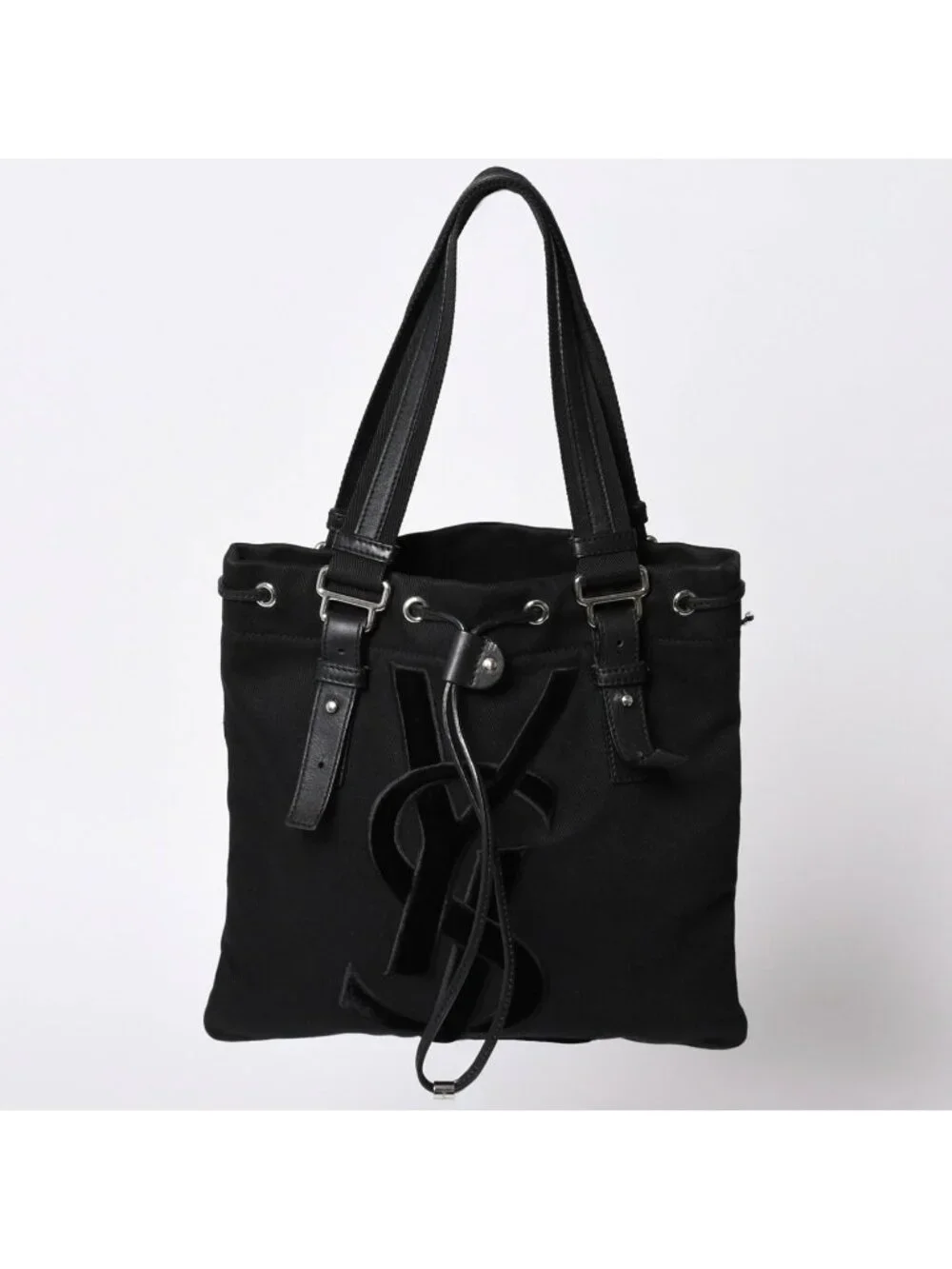 Saint Laurent Kahala Handbag Canvas Leather Black Logo Embroidery